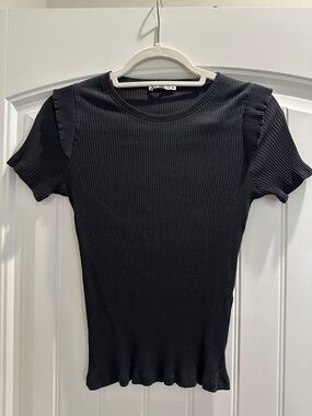 Zara Black Ribbed Short-Sleeve Tee with Ruffle Shoulders